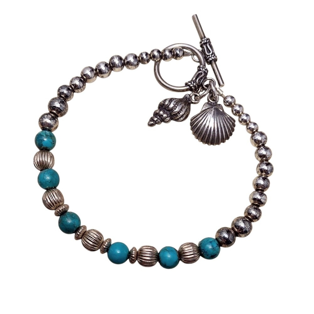 Turquoise Sterling Silver Beaded Bracelet Shell Seashell Charm